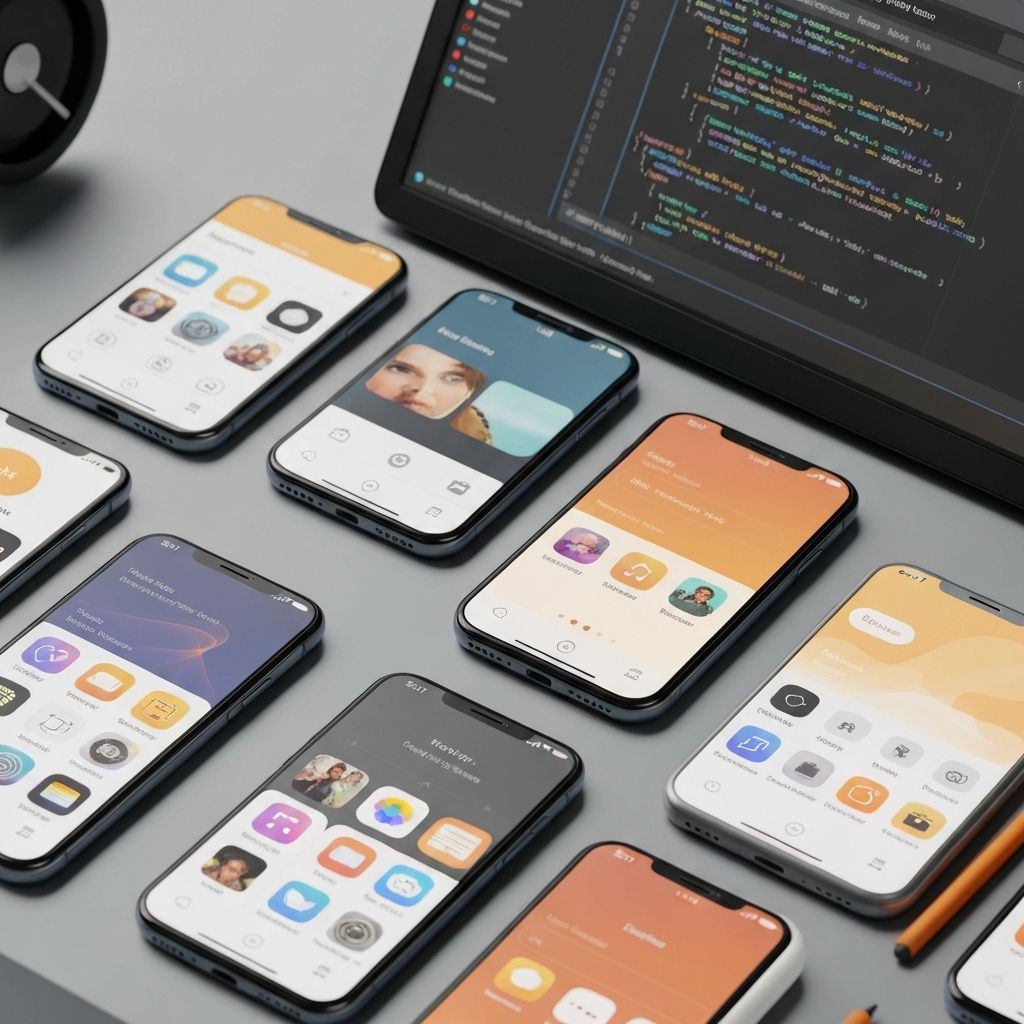 Teléfonos con diseños de aplicaciones móviles y código de programación en pantalla
