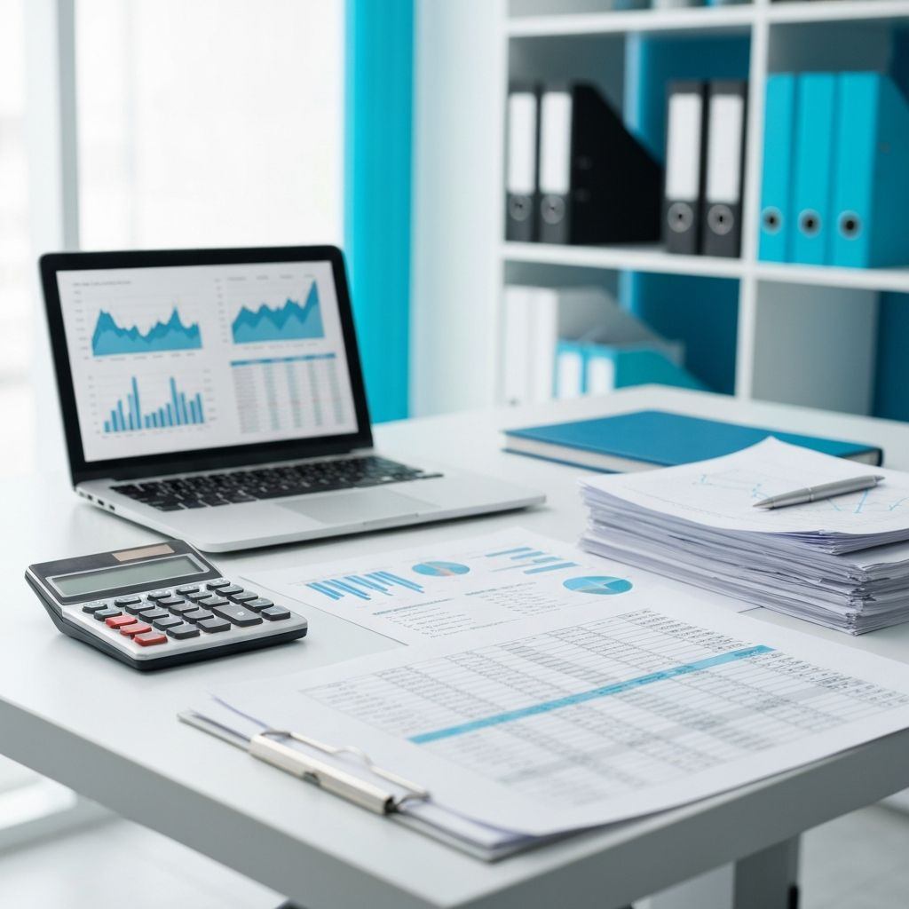 Escritorio de contabilidad con laptop, gráficas, calculadora y documentos