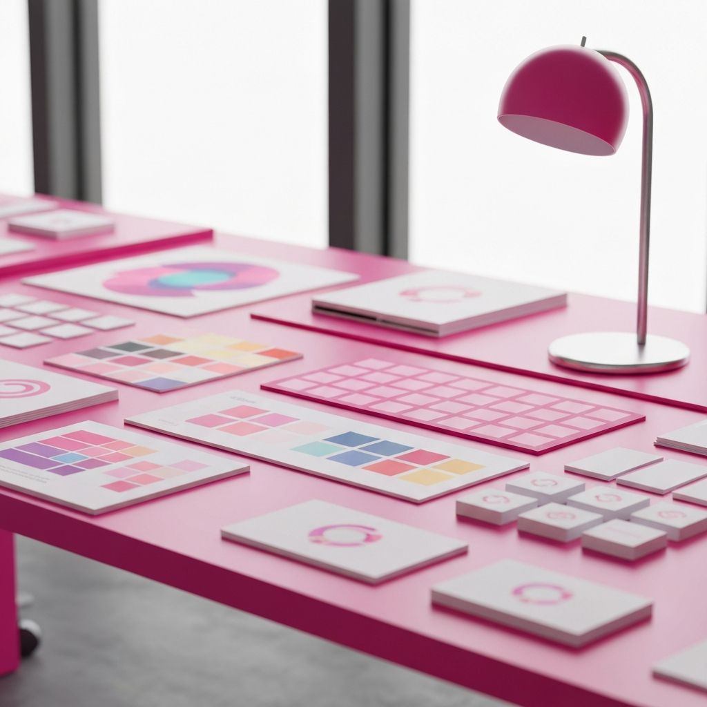 Escritorio de diseño con muestras de color y piezas de identidad de marca