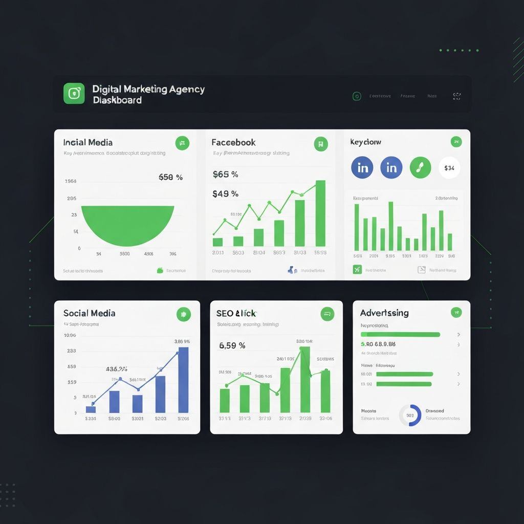 Tablero de métricas de marketing digital con gráficas de redes sociales y anuncios